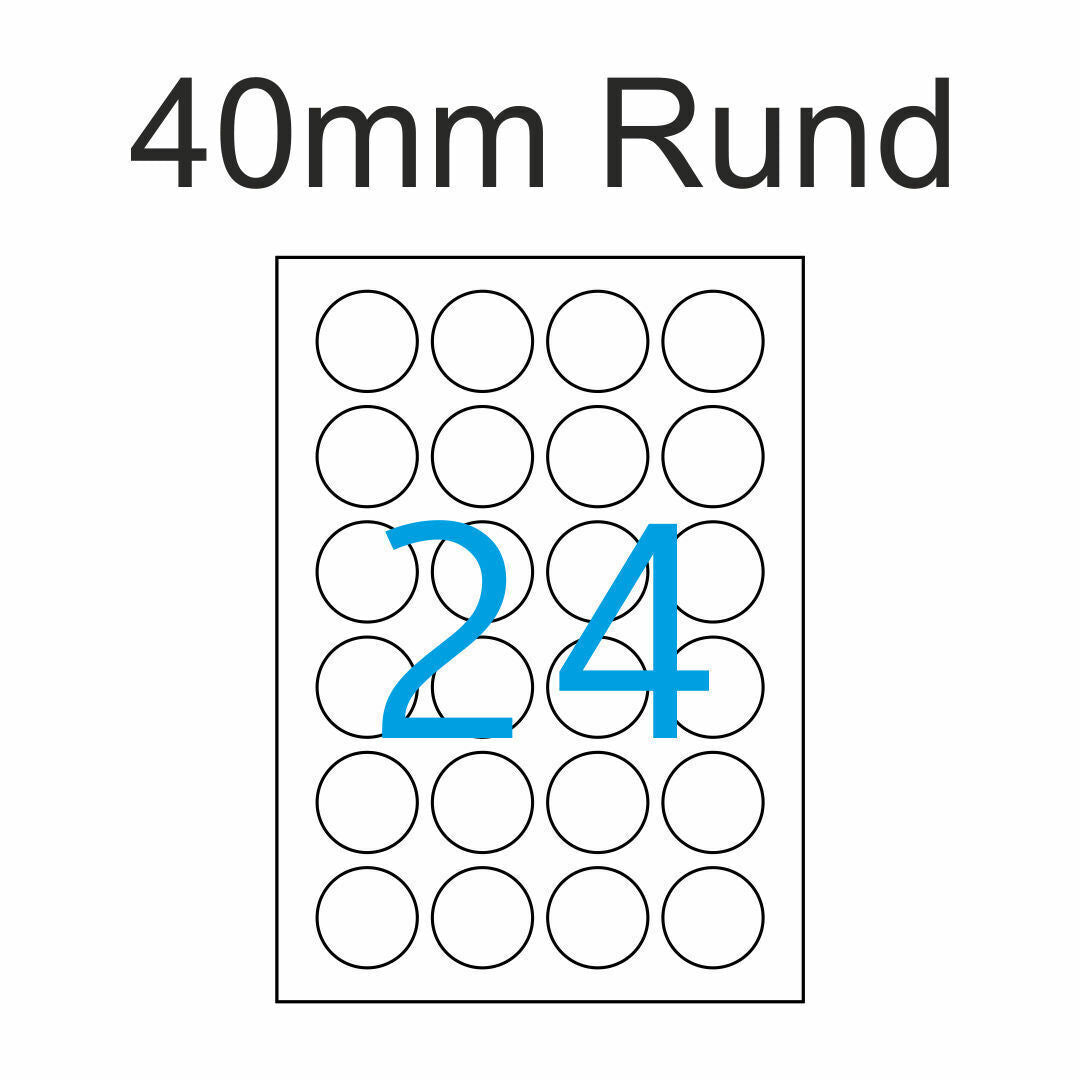 9600 Etiketten 40 mm Rund auf DIN A4 Bogen Selbstklebend - 400 Blatt - Weiß