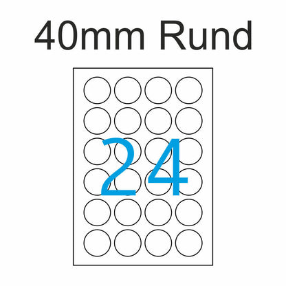 9600 Etiketten 40 mm Rund auf DIN A4 Bogen Selbstklebend - 400 Blatt - Weiß